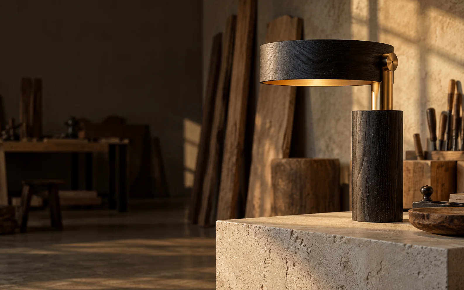 A sculptural black oak and brass lamp in its maker's workshop
