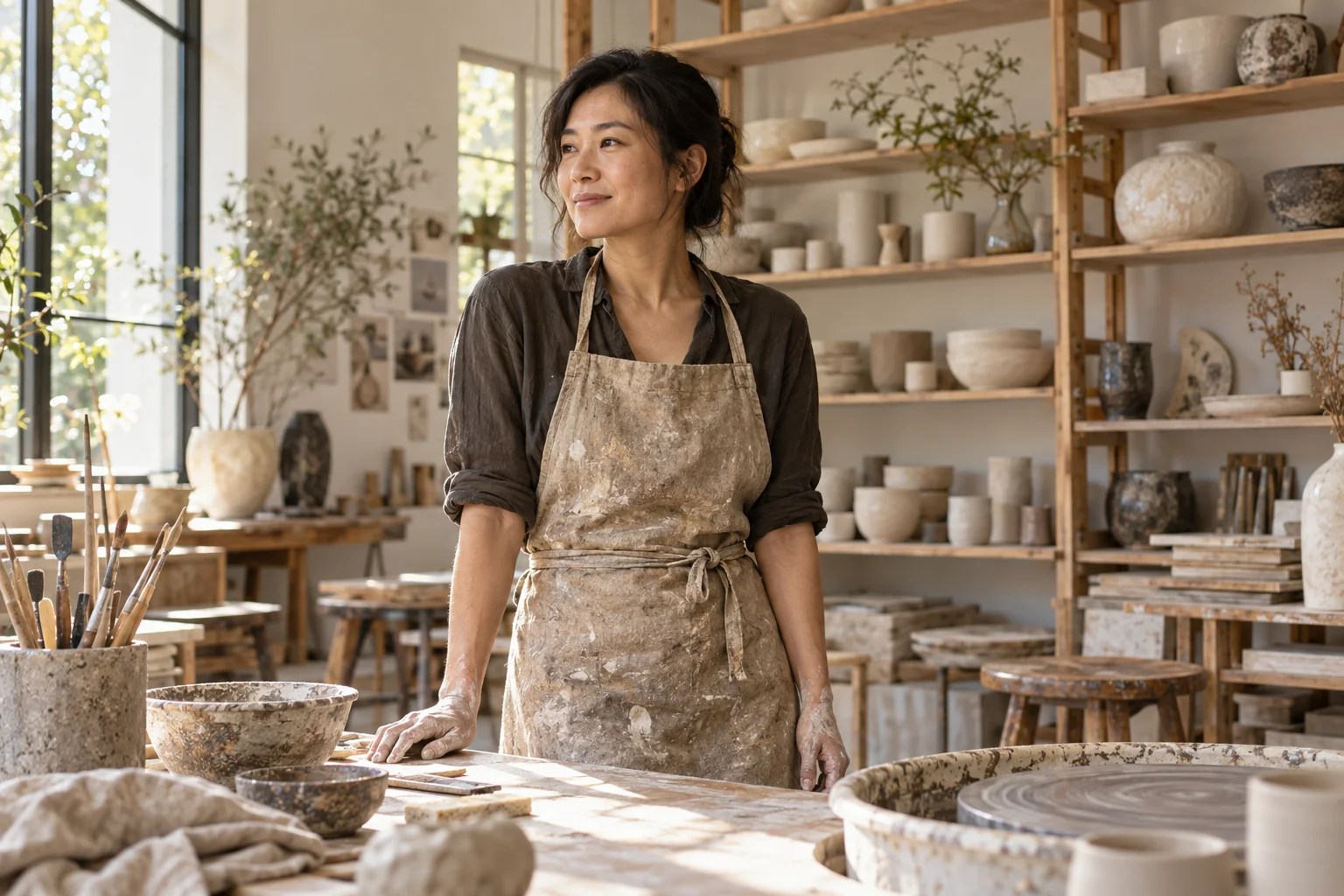 Ceramicist Mei Lin in her sunlit studio
